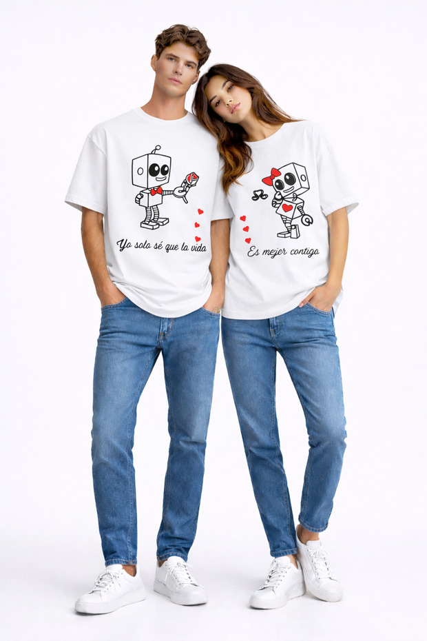 Lover Couple Robot Printed Couple T-Shirt Oversize Unisex Partner Combination Set White