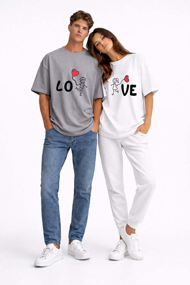 تي شيرت للزوجين مطبوع عليه Love من Lover Combination، مقاس كبير، طقم كومبين للزوجين للجنسين، لون أنثراسايت