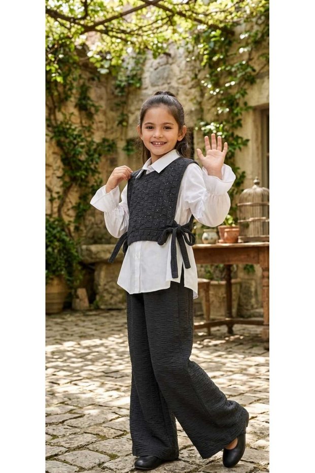 Girl's White Shirt, Sweater with Tie-Detail Stone Detail on the Side, and Pants 3-Piece Set - Holiday Set