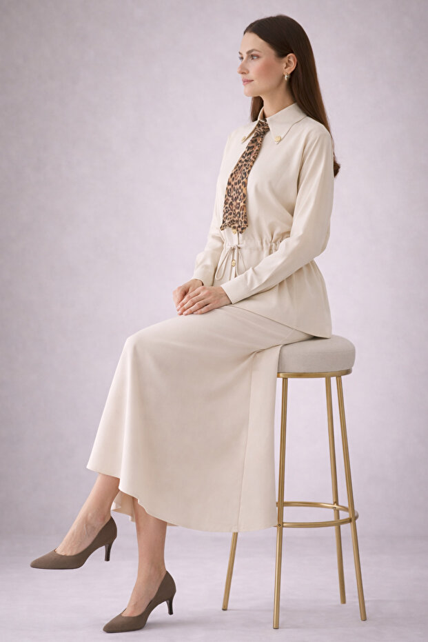 Set dublu cu eșarfă N7193 Bej - 2