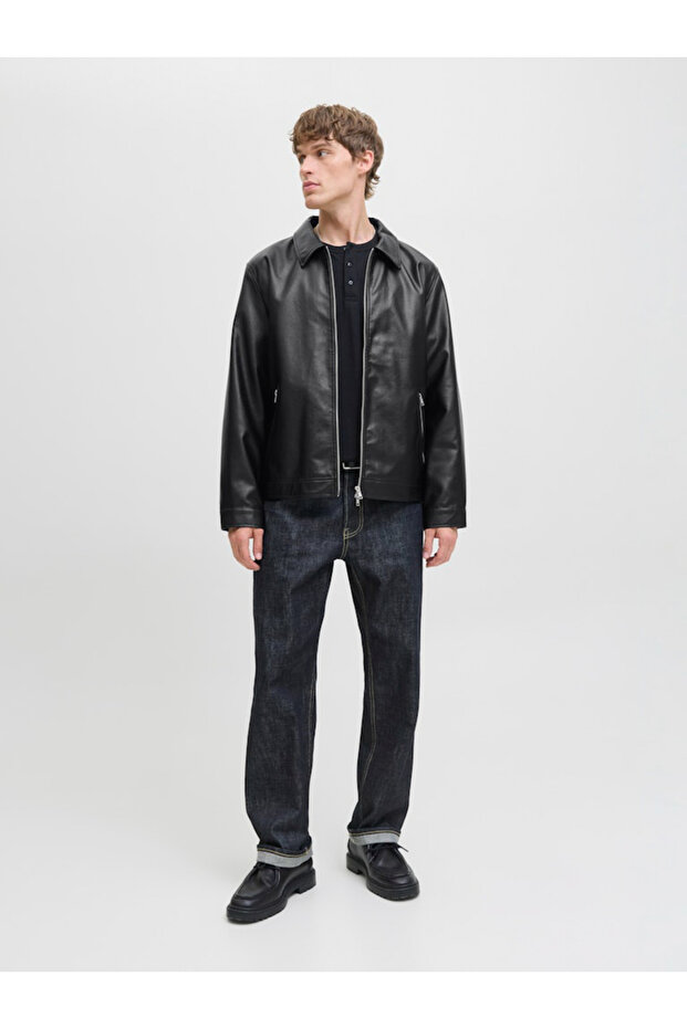 Black Faux Leather Zip-Up Jacket - 7