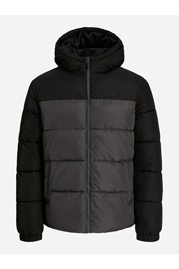 Grey Solid Puffer Jacket with Hood - 1