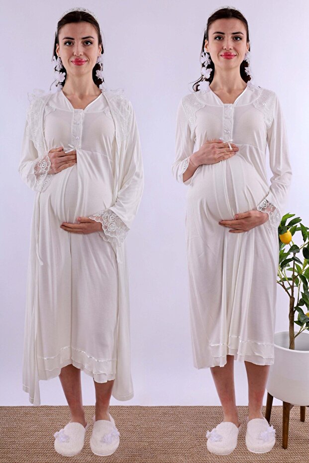 Cotton Piece Maternity Nightgown Set with Dressing Gown and Breastfeeding Feature - Ecru