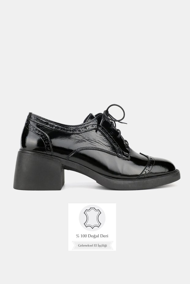 Women's Black Patent Leather Genuine Natural Leather Leather -41 Size Thick Heel Lace-Up Oxford Shoes