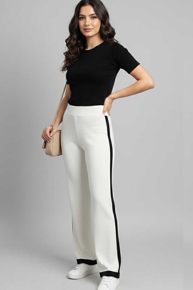 Woman Ribbed Knit pants-black-white