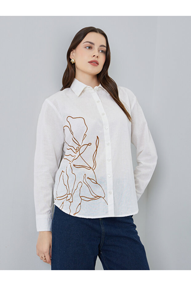 Women WhiteEmbroidered Linen Shirt