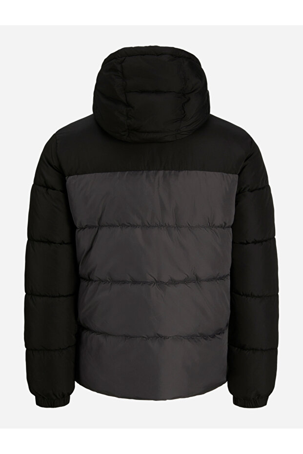 Grey Solid Puffer Jacket with Hood - 2