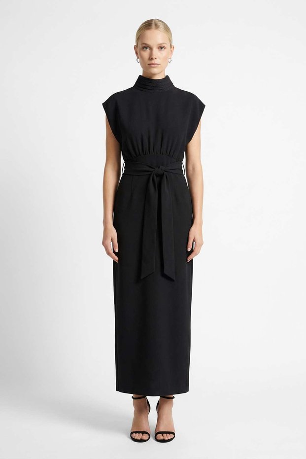 Black Padded Shoulders Waist Tie Dress 261622