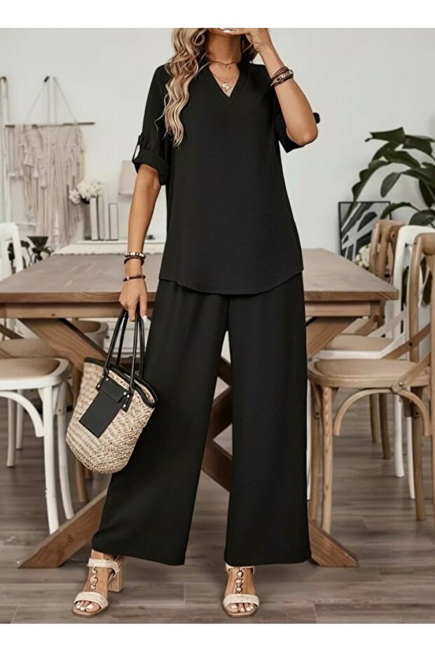 Women's Short Sleeve V-Neck Aerobin Blouse and Trousers Two-Piece Set