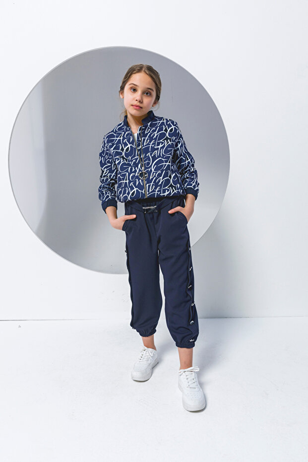 Girl's Navy Blue Button Detailed Jogger Pants Pants