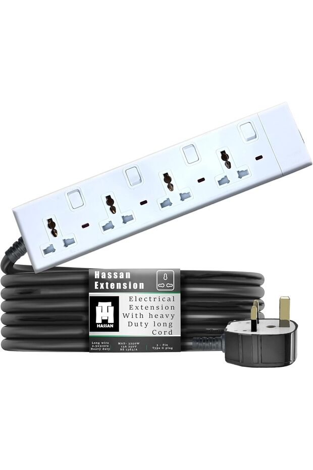 Heavy Duty Extension Board with Universal Sockets Long Cable Options (3m/10m/30m), 13A Max 30