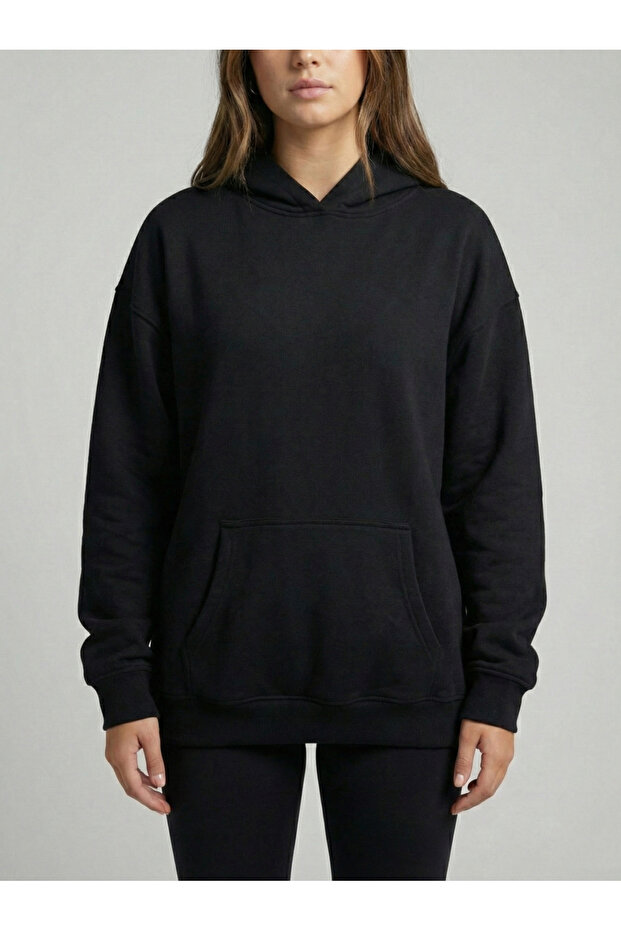 Women's Black 3 Thread K Hooded O Oversized Sweatshirt Nj118