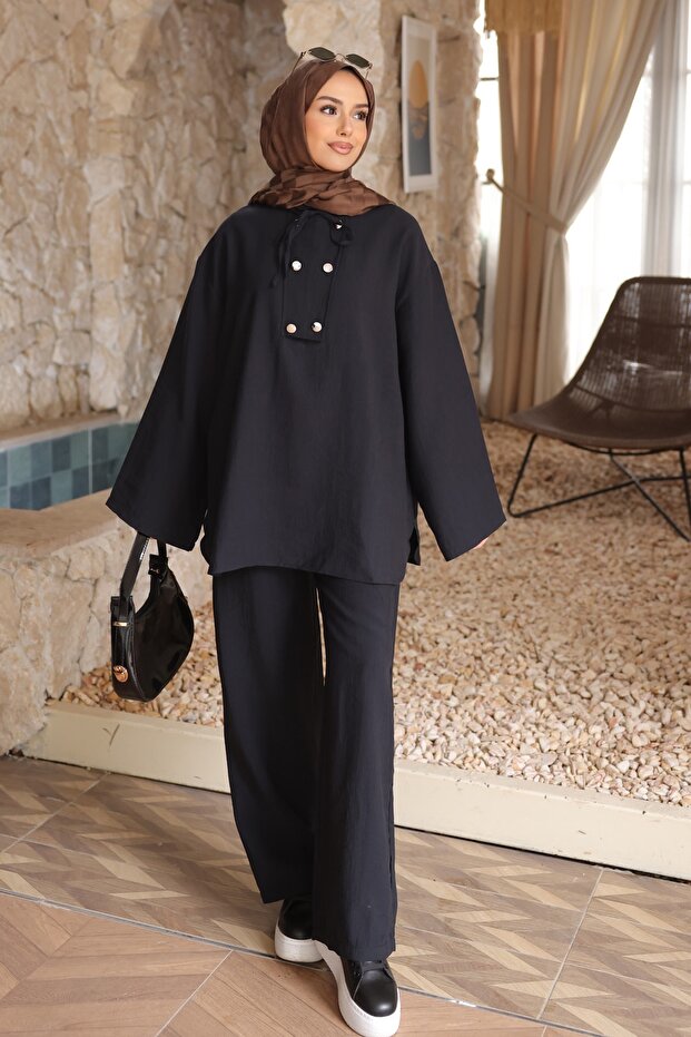 Black Collar Detailed Tunic Trousers Suit