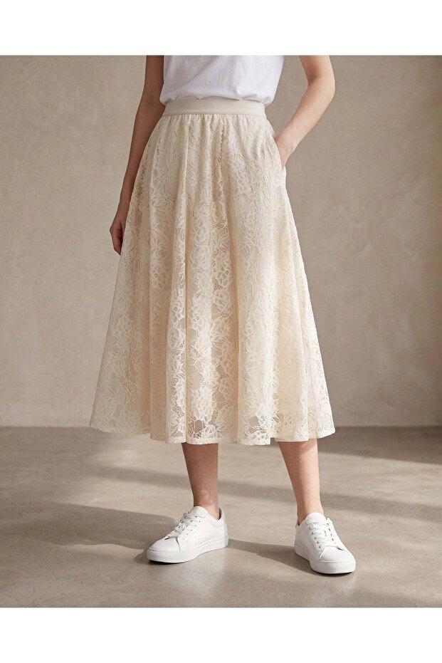 Women Cream Flared Lace Midi Skirt