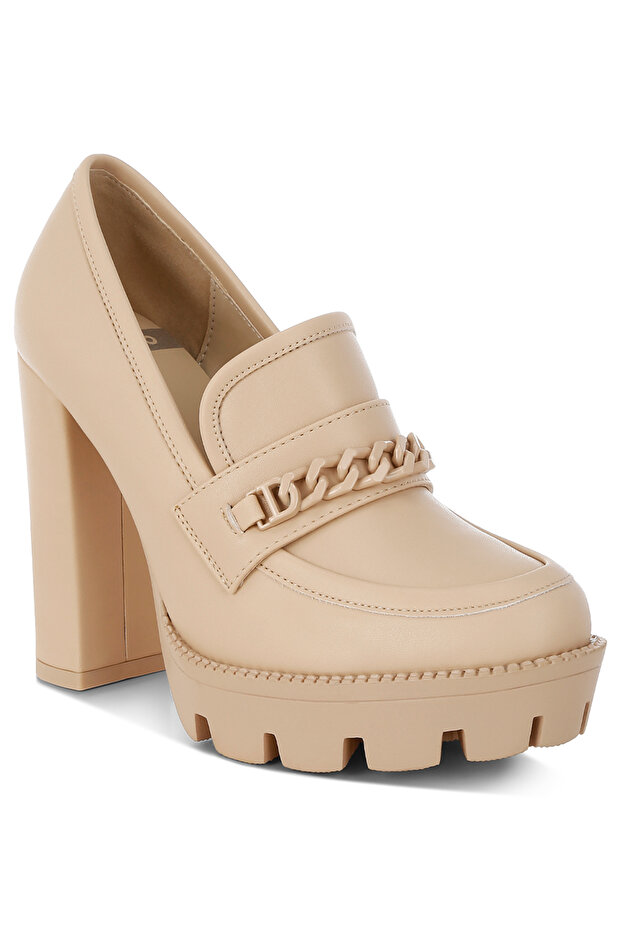 Women's Chunky Chain Link Heeled Loafers in Beige