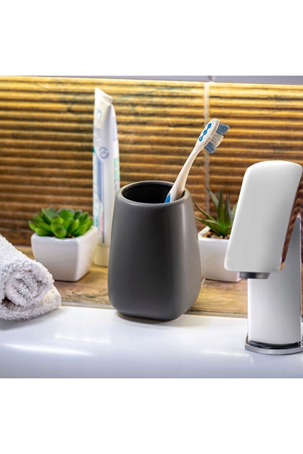 Bathroom Toothbrush Cup Toothpaste Ceramic Container Gray 2x - 2