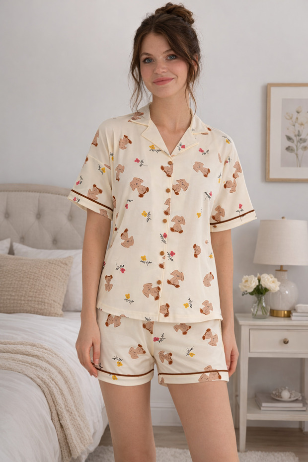 Premium Women's Viscose / Bamboo High Quality Shirt Collar Buttons Piped Stretchy Shorts Pajama Set