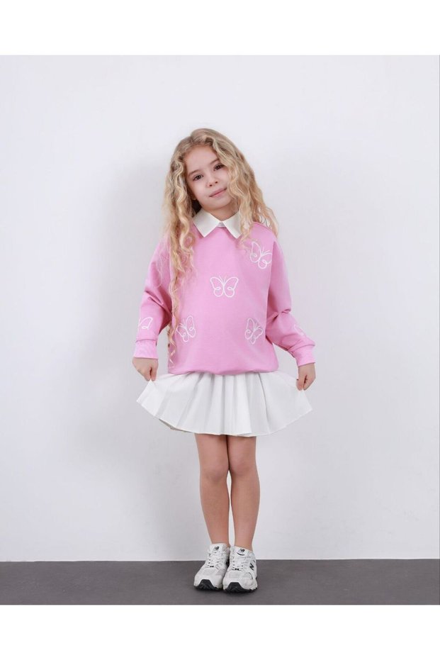 Girl's Pink Butterfly Patterned Sweatshirt White Pleated Skirt Set – Stylish Casual Combination