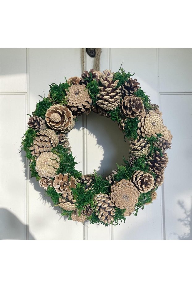 Natural Pine Cone Door Decoration 30 cm - Shocked Green Moss Handmade Door and Wall Decoration