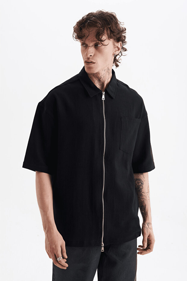 Men's Lilyum Linen Zippered Pocket Pack Shirt Black
