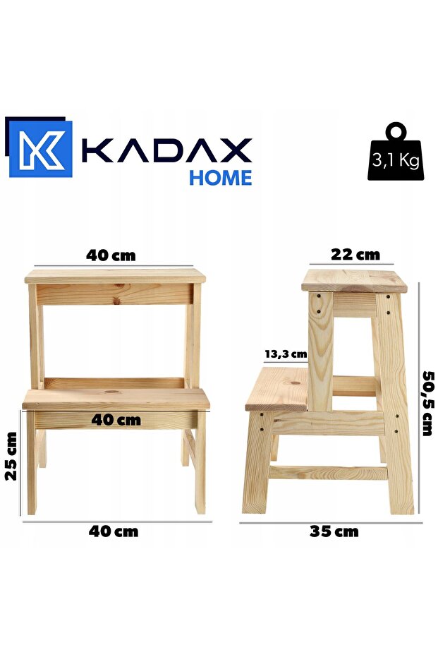 Wooden Kitchen Stool 50cm Platform with Steps Solid - 3