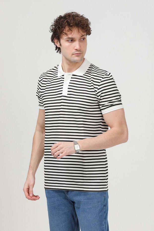 Men's Polo Neck Short Sleeve Striped T-Shirt Black - 26Y 3009
