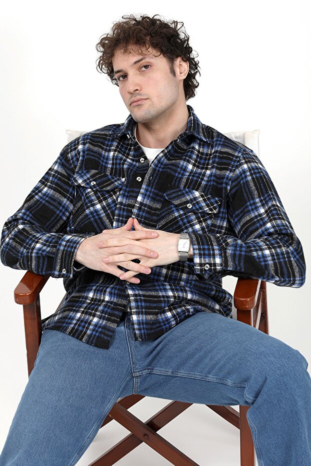 Men's Long Sleeve Double Pocketed Lumberjack Shirt Blue - 508