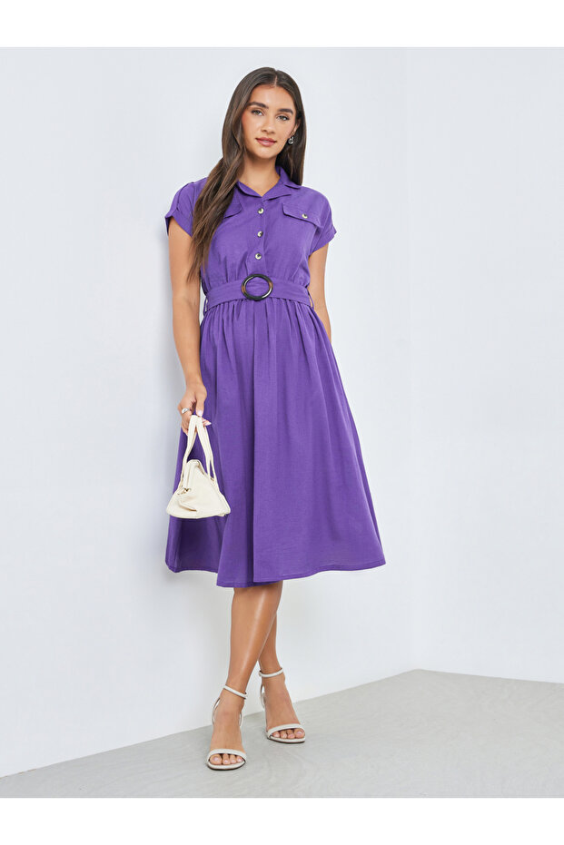 Purple Belted Cotton Midi Dress