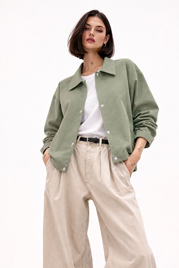Women's Oversized Basic Gabardine Transitional Polo Collar Green Jacket
