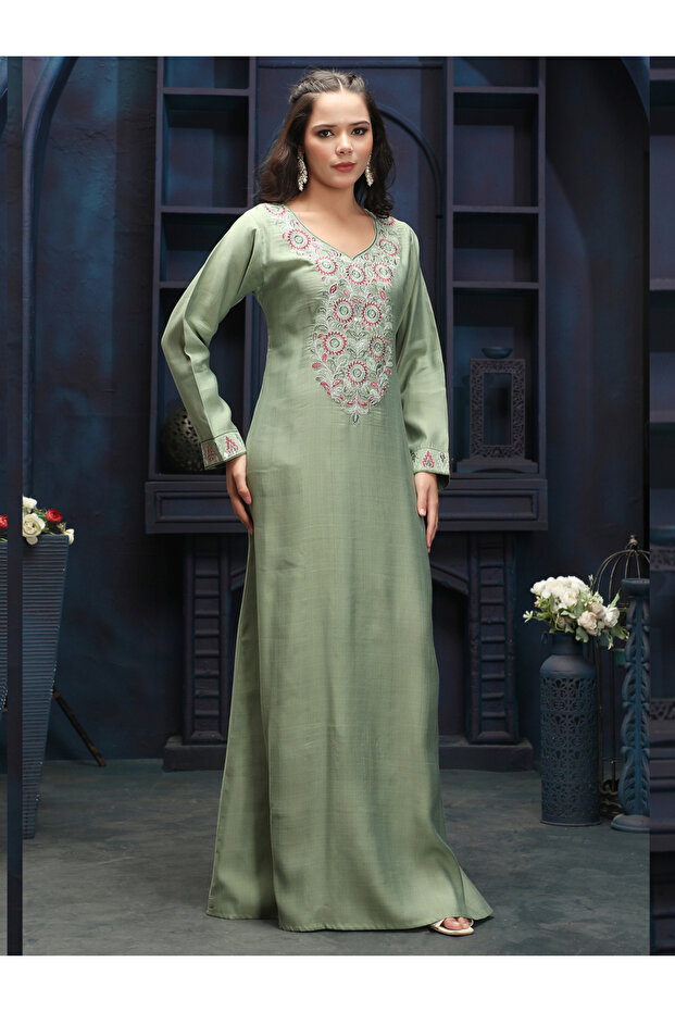 Green Embroidery Handwork V Neck Jalabiya