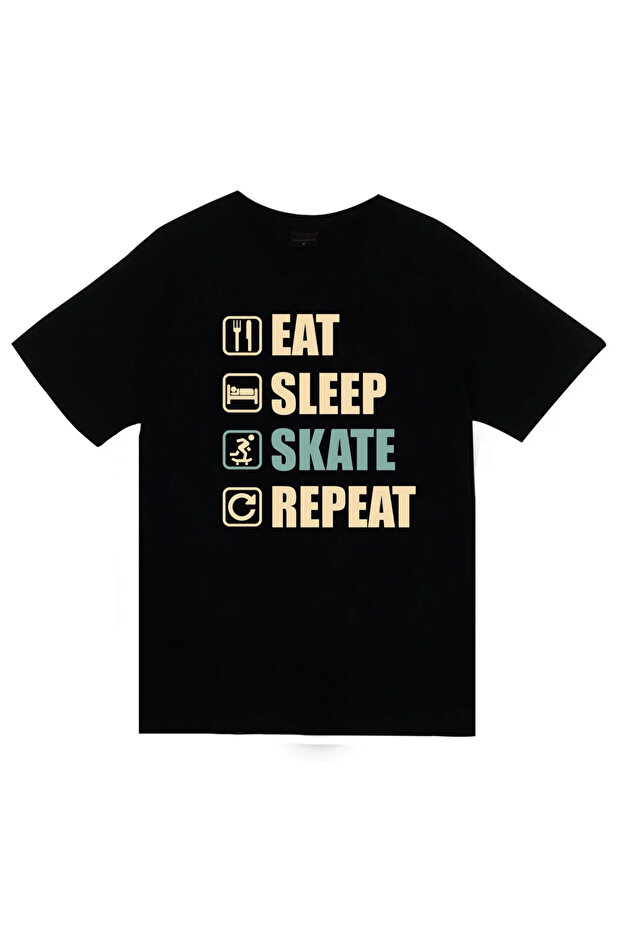 Eat Sleep Skate Repeat - Kaykay Printed Unisex %100 Cotton Black T-Shirt