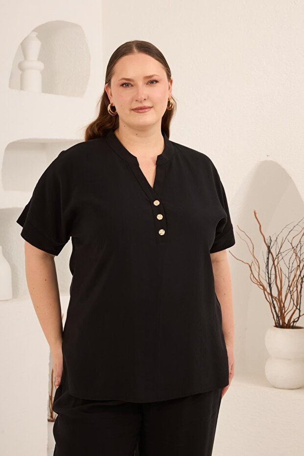 Front Button Plus Size Modal Blouse Black - 1