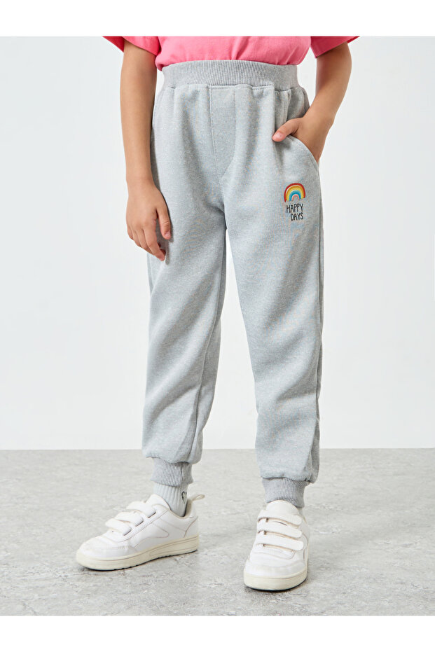 Girls Grey Joggers with Rainbow Print