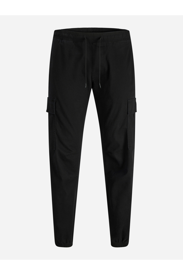 Black Solid Cargo Pants with Drawstring - 1