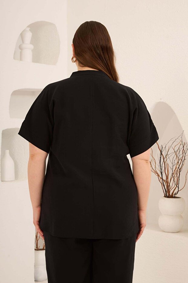 Front Button Plus Size Modal Blouse Black - 4