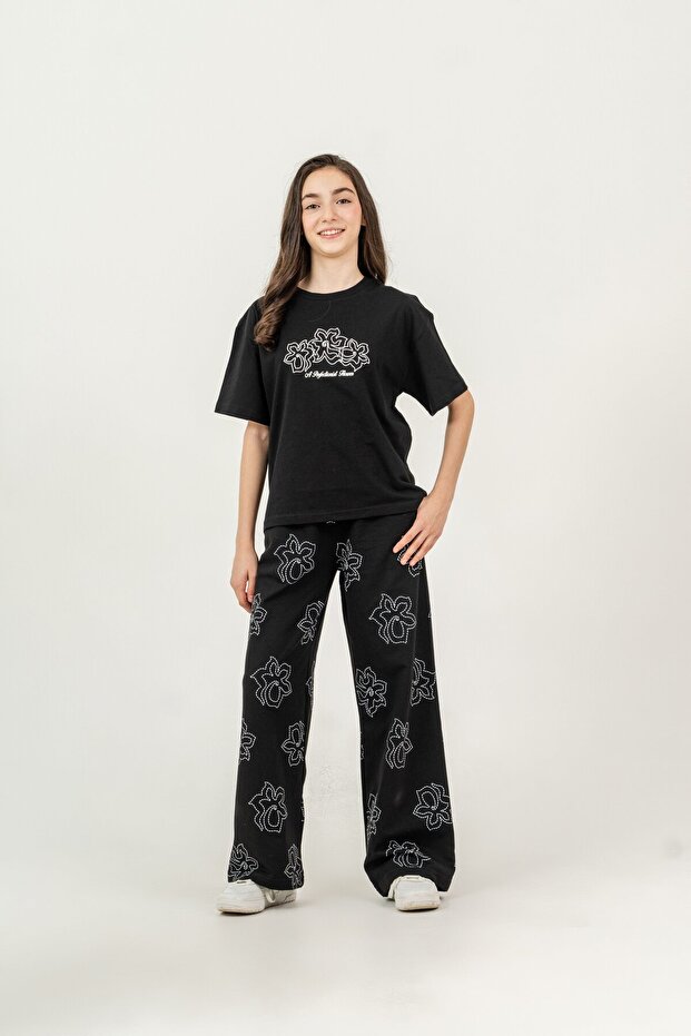 Top Middle Printed Bottom All over Floral Printed Girls' Bottom Top Tracksuit Set