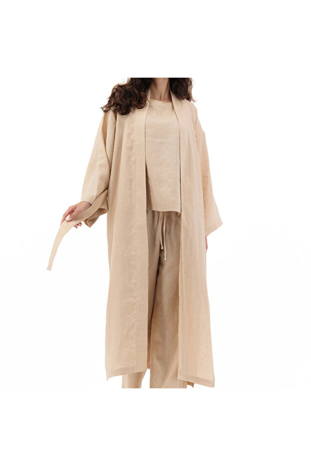 Linen Kimono Midcalf Jacket in Beige
