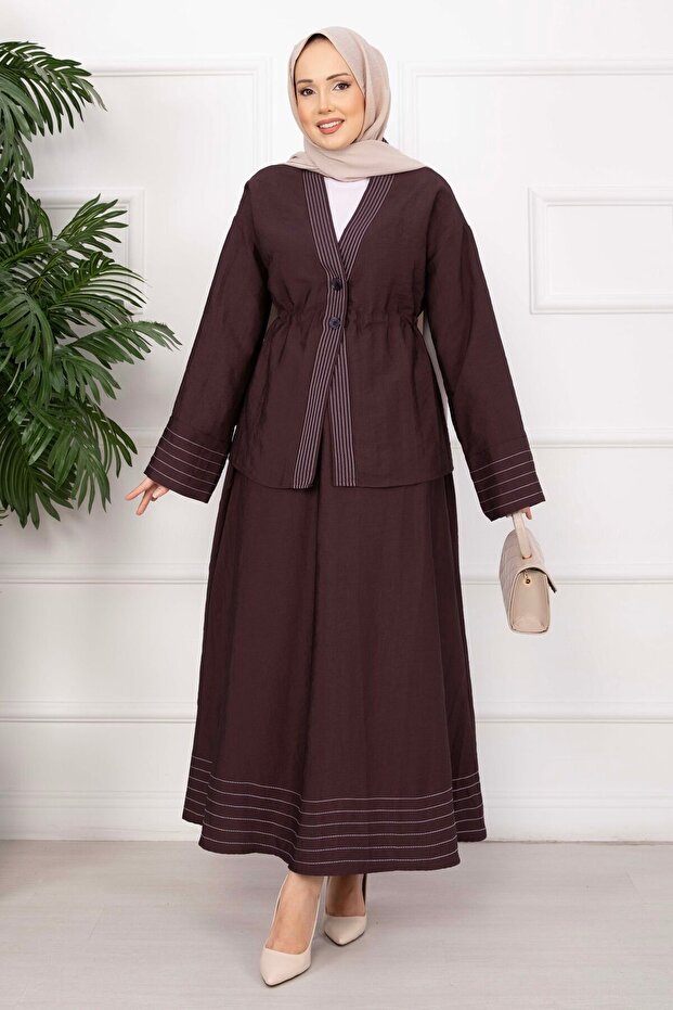Çizgi Paneled Jacket Skirt Set Claret Red