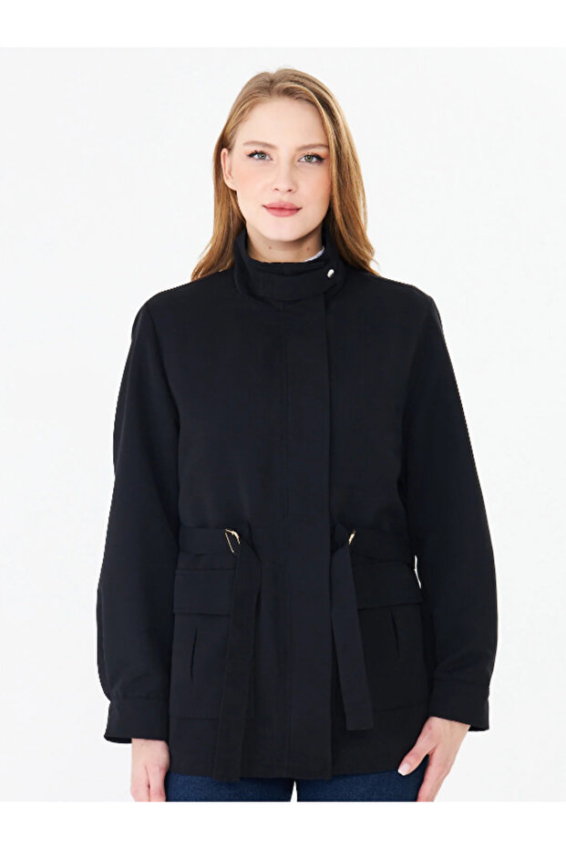 Women's Mock Neck Belt Piece Medium Length Trench Coat Glori