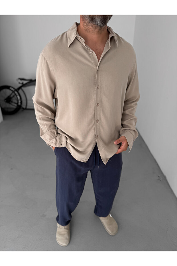 Beige Washed Basic Shirt Yp-5010 - 4