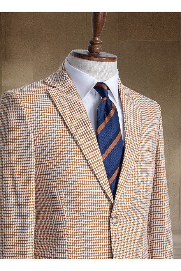 Beige Houndstooth Pocket Italian Style S Slim Fit Classic Men's Blazer Jacket