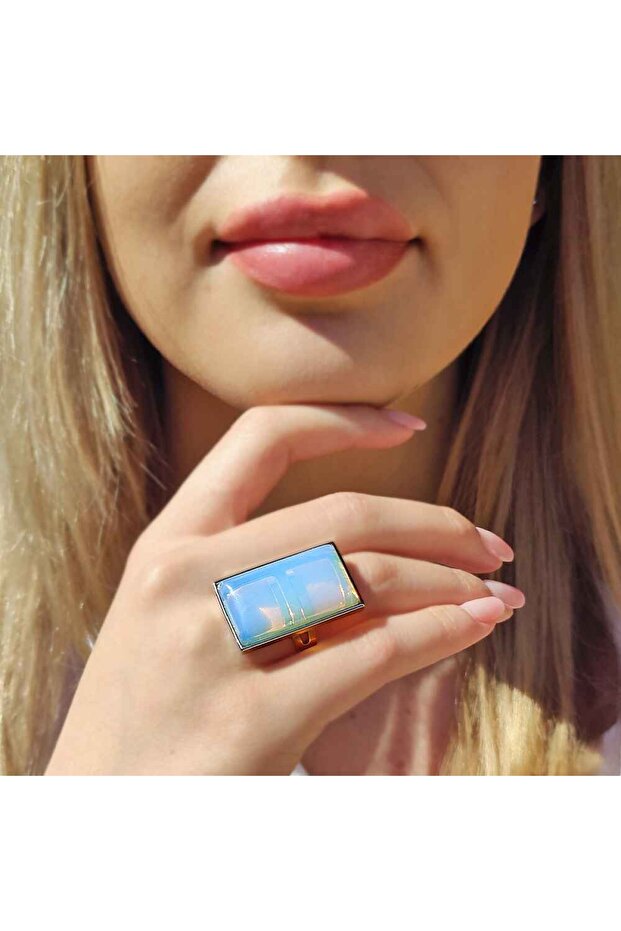Opal ring, large rectangular stone, stainless steel, adjustable to multiple sizes - 7