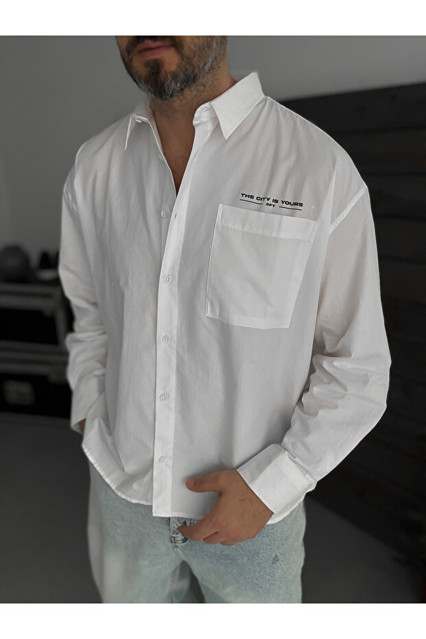 Beyaz Baskılı Oversize Gömlek TW-1057 - 4