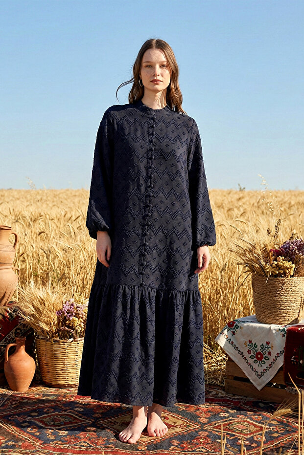 Guipure and Denim Detailed Long Dress 2026 Navy Blue