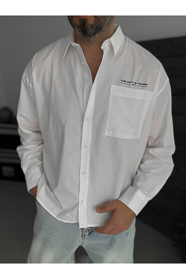 Beyaz Baskılı Oversize Gömlek TW-1057 - 5