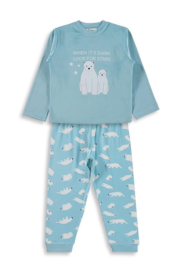 Golsut Polar Bear Printed Pajama Set for 3-11 Years - Blue