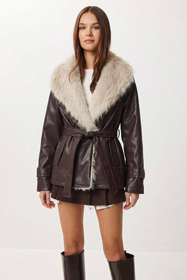 Fur Collared Belted Faux Leather Jacket Lax0006 Mürdüm