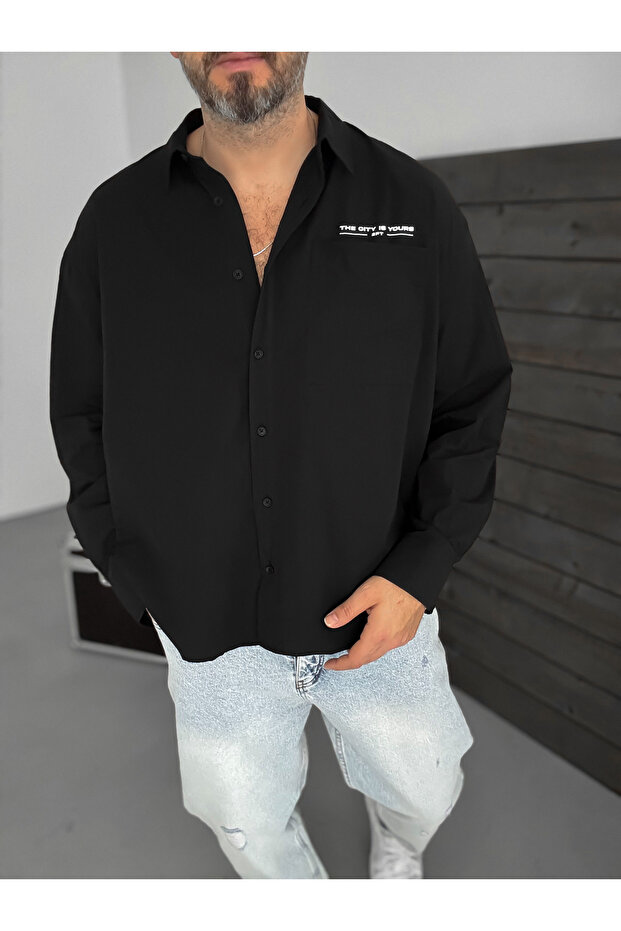 Siyah Baskılı Oversize Gömlek TW-1057 - 2