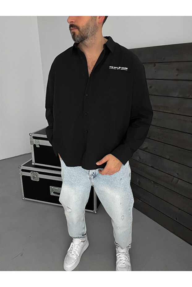 Siyah Baskılı Oversize Gömlek TW-1057 - 1