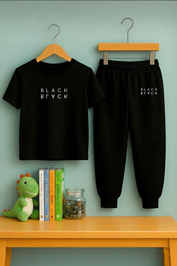 Boy's Tracksuit & T-Shirt Combination | 100% Cotton Black Printed Set | Comfortable Fit Trend